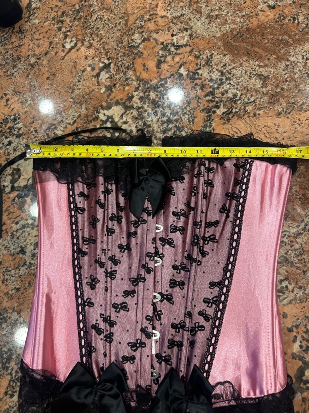 Vintage Corset Size Large Satin Pink & Black Lace & Bows Details. - Picture 8 of 11